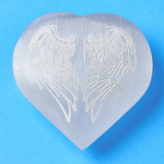 Selenite Puff Heart with Etched Angel Wing Design, 5-6cm (1pc)