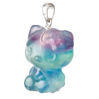 Rainbow Fluorite Cartoon Cat Pendant, Sterling Silver (1pc)