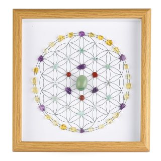 Crystal Grid Flower of Life (Green Aventurine Tumblestone) in Wood Frame (1pc)