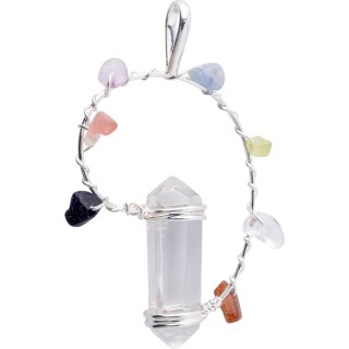 Double Terminated Crystal Point Pendant with Chakra Stones, Silver Plated (1pc) 