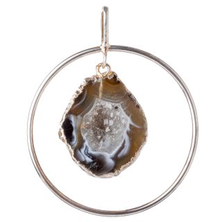 Circle Pendant with Half Geode Dangle, Silver Plated (1pc) 
