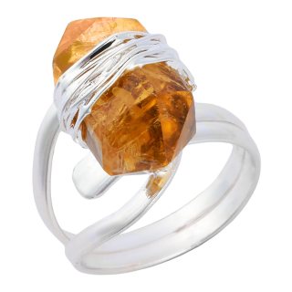 Wire wrapped Citrine Double Terminated Point adjustable ring, Silver Plated (1pc)