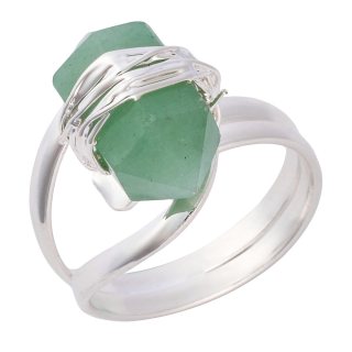 Wire wrapped Green Quartz Double Terminated Point, adjustable ring, Silver Plated (1pc)
