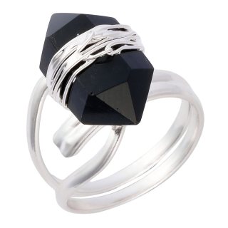 Wire wrapped Onyx Double Terminated Point, Adjustable Ring, Silver Plated (1pc)