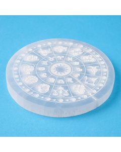 Selenite Disc with Etched Zodiac Design, 10cm (1pc)