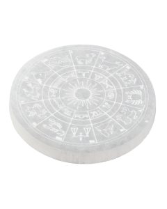 Selenite Disc with Etched Zodiac Design, 10cm (1pc)