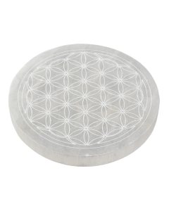 Selenite 10cm Disc with Etched Flower of Life Design (1pc)