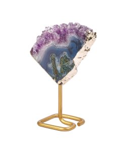 Polished Amethyst Druze Slice with Gold Plating on Stand, Small (1pc) NFD