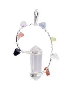 Double Terminated Crystal Point Pendant with Chakra Stones, Silver Plated (1pc) 