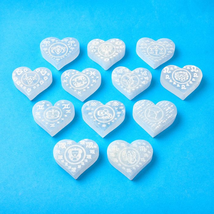 Selenite Zodiac Signs Etched Heart Set (12pc) NETT