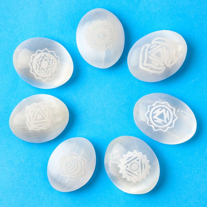 Selenite Etched Chakra Palmstones, Morocco (7pc) NETT