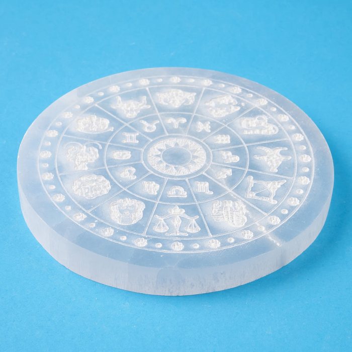 Selenite Disc with Etched Zodiac Design, 10cm (1pc)