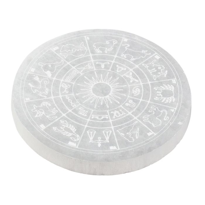 Selenite Disc with Etched Zodiac Design, 10cm (1pc)