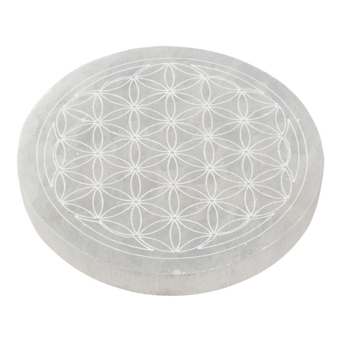 Selenite 10cm Disc with Etched Flower of Life Design (1pc)
