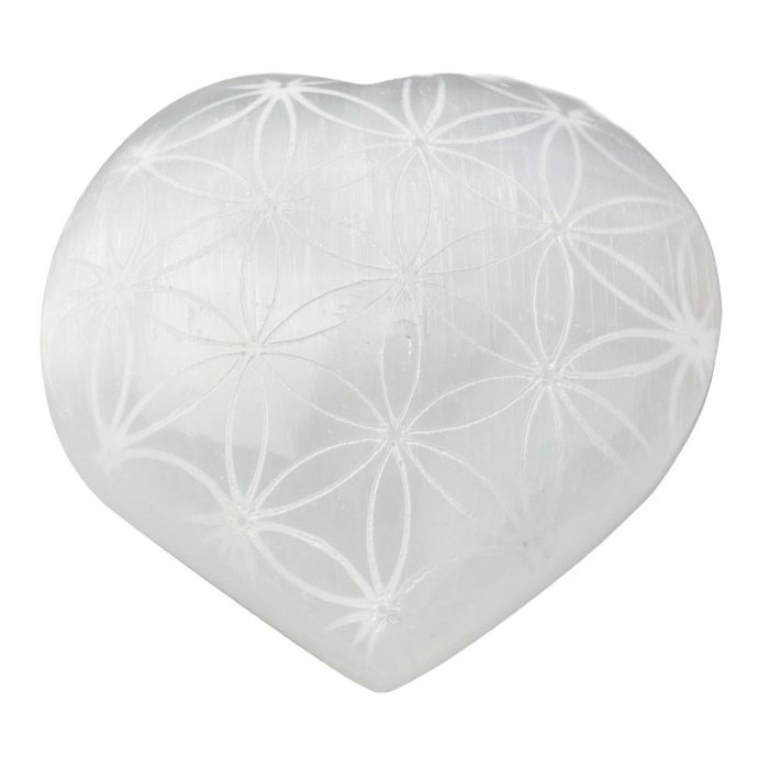 Selenite Puff Heart with Etched Design, approx 6cm (1pc)