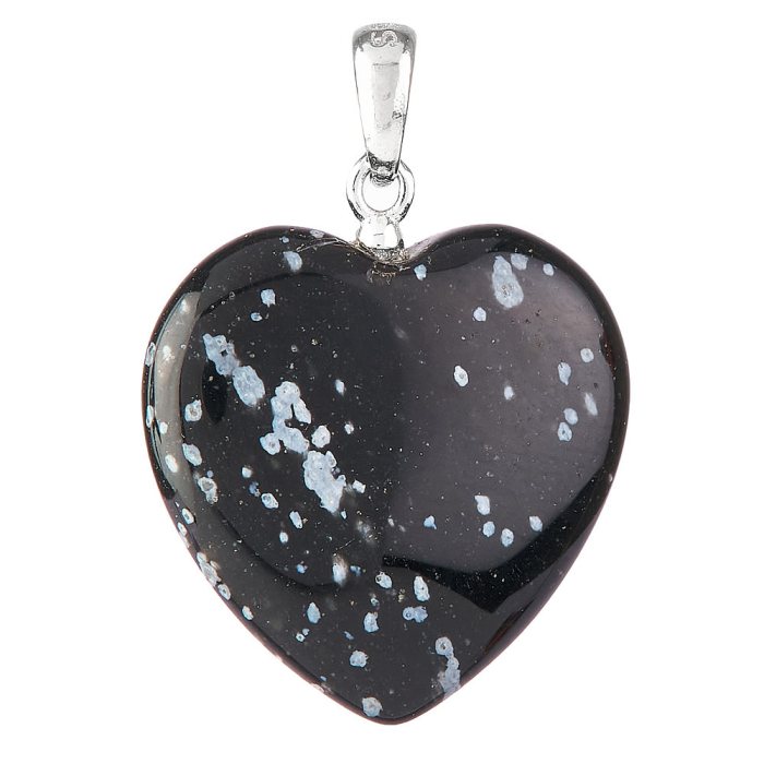 Snowflake Obsidian Heart Pendant, Sterling Silver, 20mm