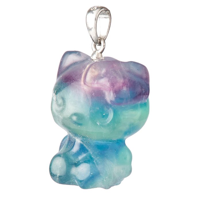 Rainbow Fluorite Cartoon Cat Pendant, Sterling Silver (1pc)