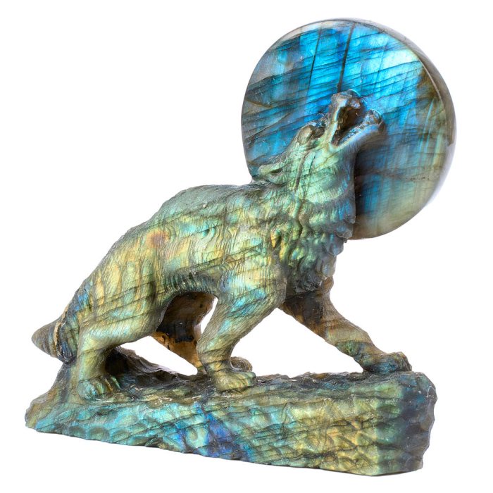 Labradorite Howling Wolf on Moon 4.5x4.25x1.25" NETT