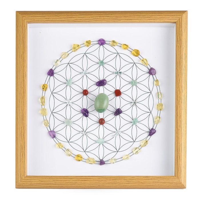 Crystal Grid Flower of Life (Green Aventurine Tumblestone) in Wood Frame (1pc)