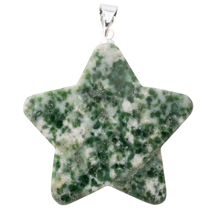 Green Snake Jade Flat Star Pendant with Silver Plated Bail (1pc)