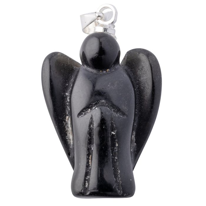 Black Obsidian Angel Pendant, Silver Plated Bail 20mm (1pc) NETT