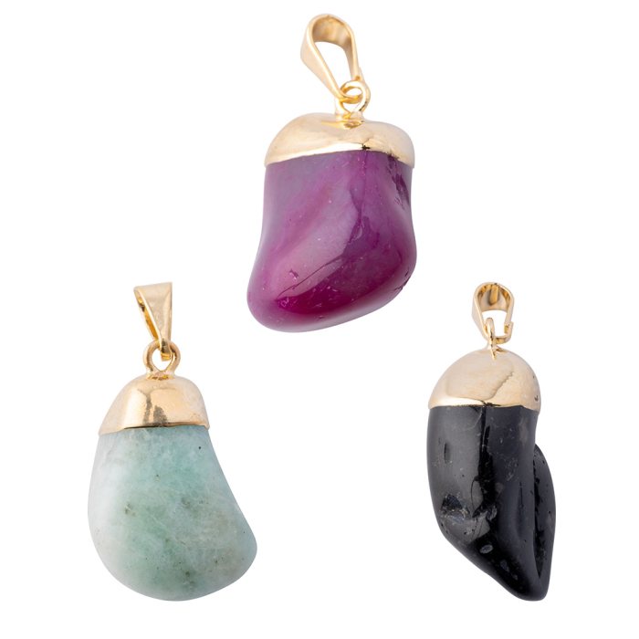 Onyx, Amazonite & Dyed Pink Agate Charm Pendants, Gold Plated (3pcs) NETT