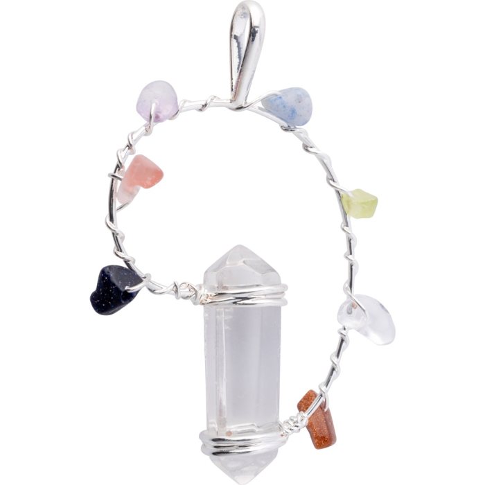 Double Terminated Crystal Point Pendant with Chakra Stones, Silver Plated (1pc)