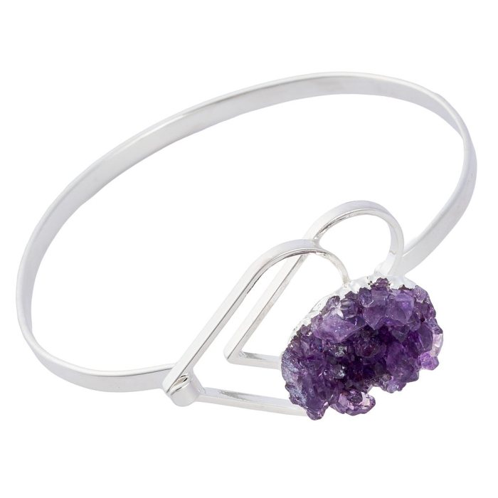 Bangle with 2 Hearts and Amethyst Druze, Silver Plated (1pc)
