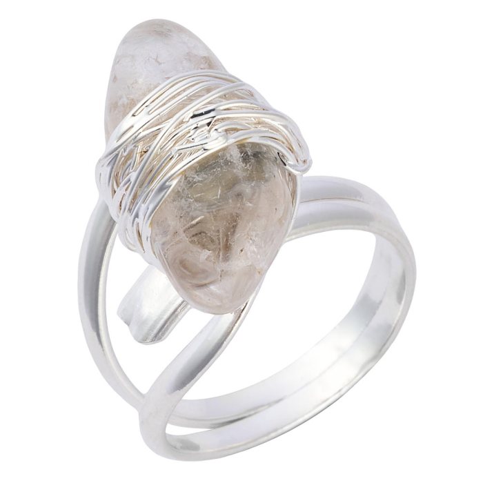 Wire Wrappd Tumbled Quartz Adjustable Ring, Silver Plated (1pc)
