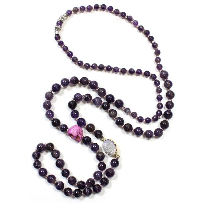 36" Amethyst 6mm/8mm Bead with Skull & druzy Features (1 Piece) NETT