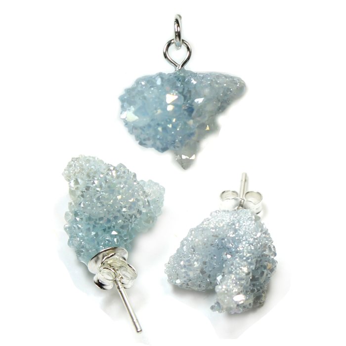 Saharan Aqua Aura Druzy Pendant And Earring Set Sterling Silver (1 Piece) NETT