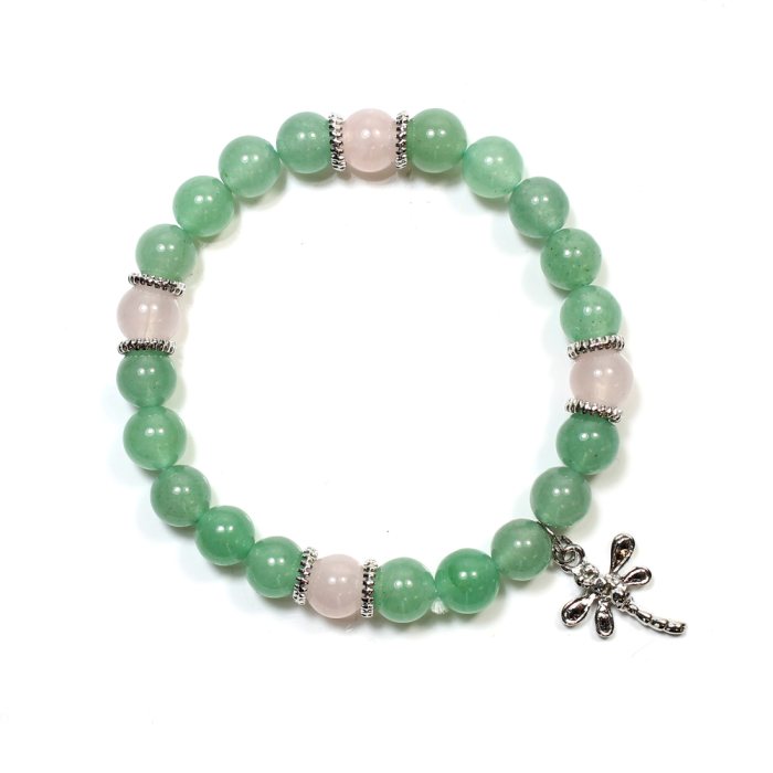 8mm Aventurine & Rose Quartz Bead Bracelet with Dragonfly Charm (Elastic Cord) (1pc) NETT