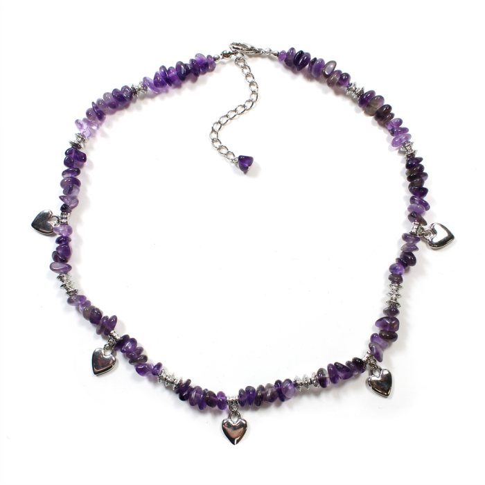 Amethyst Chip + Hearts Necklace 17&quot; + 2.5&quot; ext chain (1 Piece) NETT